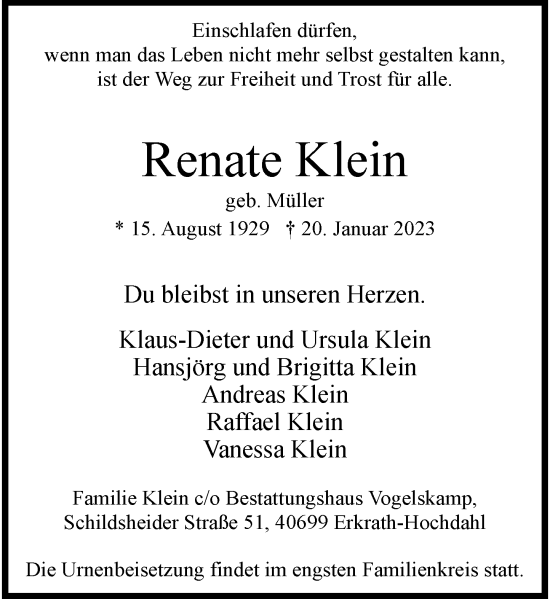 Traueranzeige von Renate Klein von Rheinische Post