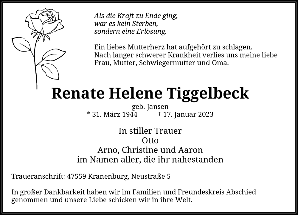  Traueranzeige für Renate Helene Tiggelbeck vom 06.02.2023 aus Rheinische Post