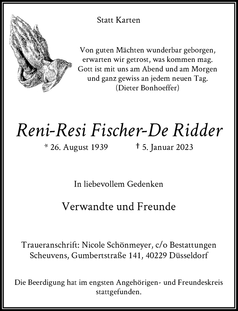  Traueranzeige für Reni-Resi Fischer-De Ridder vom 21.01.2023 aus Rheinische Post