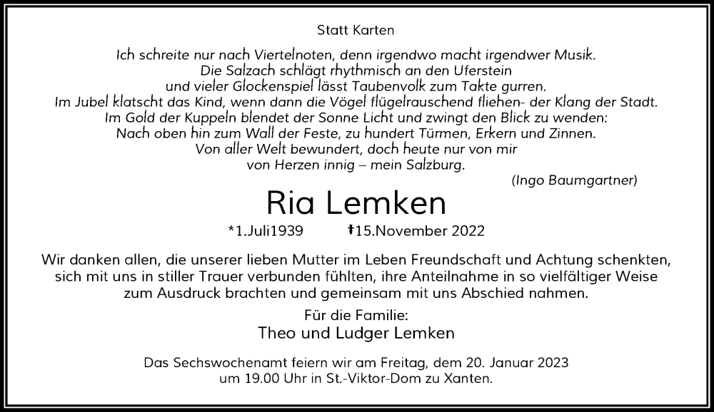  Traueranzeige für Ria Lemken vom 14.01.2023 aus Rheinische Post