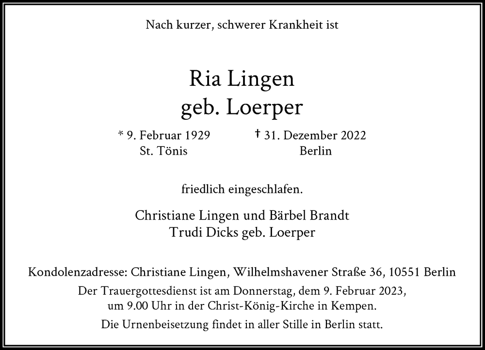  Traueranzeige für Ria Lingen vom 14.01.2023 aus Rheinische Post