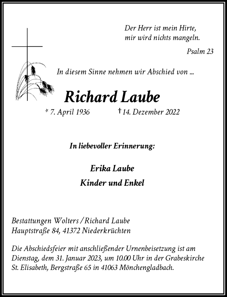  Traueranzeige für Richard Laube vom 21.01.2023 aus Rheinische Post