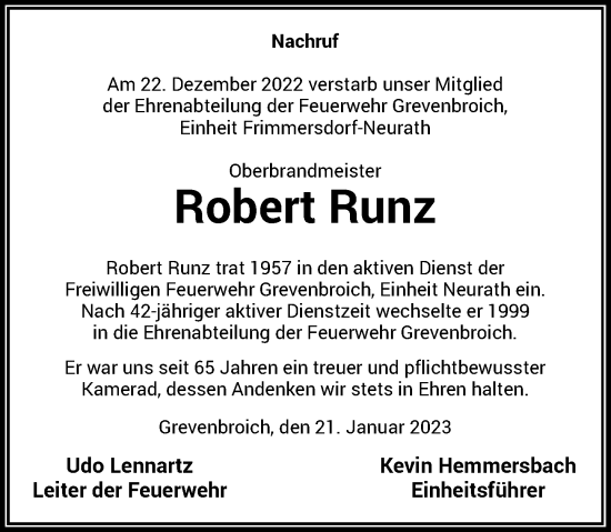 Traueranzeige von Robert Runz von Rheinische Post