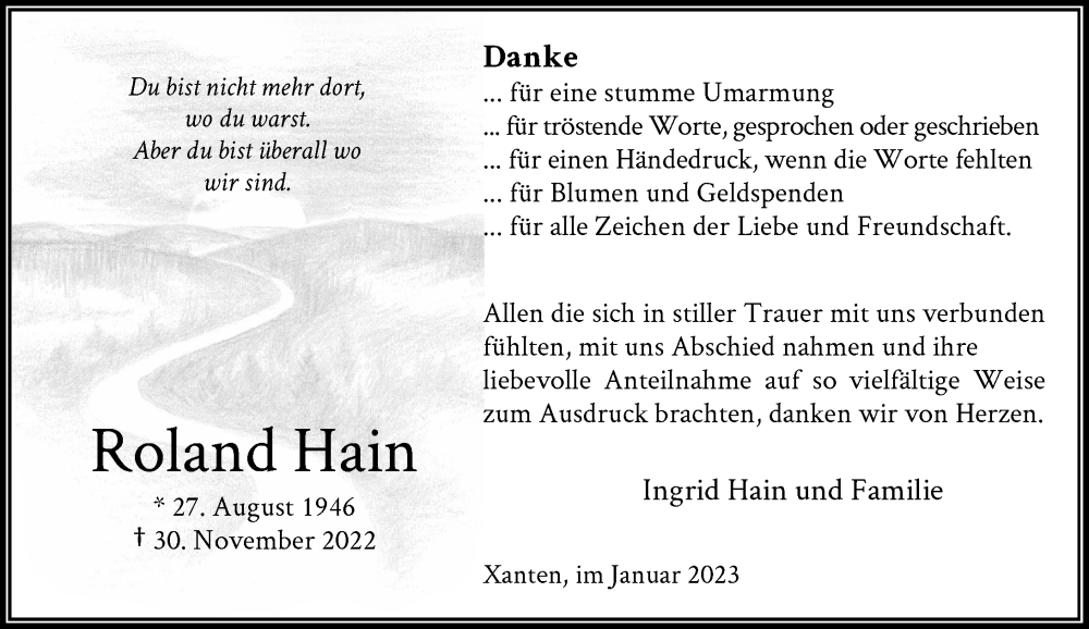  Traueranzeige für Roland Hain vom 14.01.2023 aus Rheinische Post