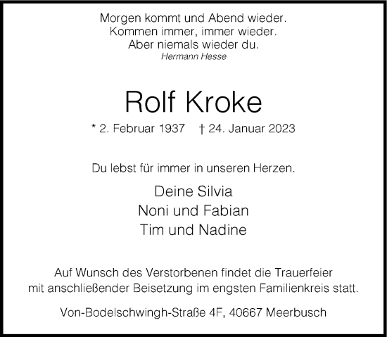 Traueranzeige von Rolf Kroke von Rheinische Post