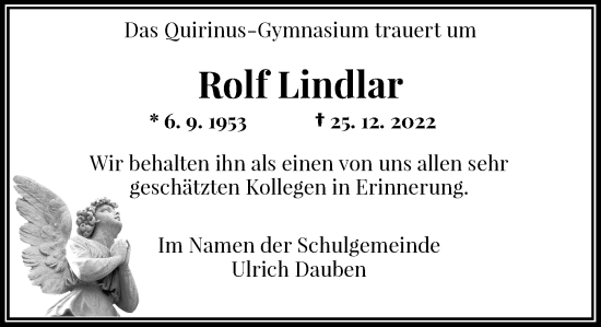 Traueranzeige von Rolf Lindlar von Rheinische Post