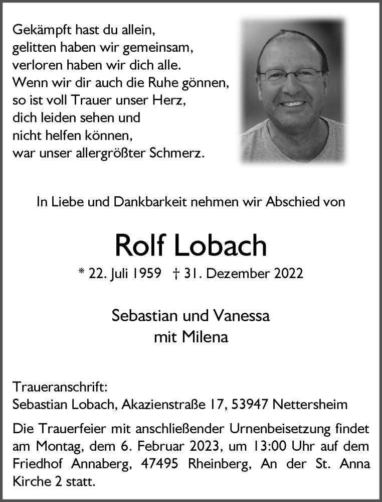  Traueranzeige für Rolf Lobach vom 28.01.2023 aus Rheinische Post