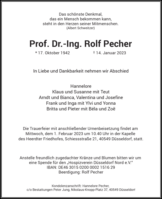 Traueranzeige von Rolf Pecher von Rheinische Post