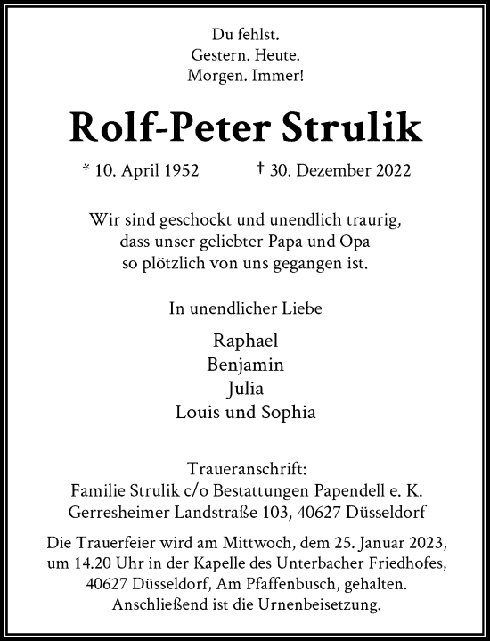 Traueranzeige von Rolf-Peter Strulik von Rheinische Post
