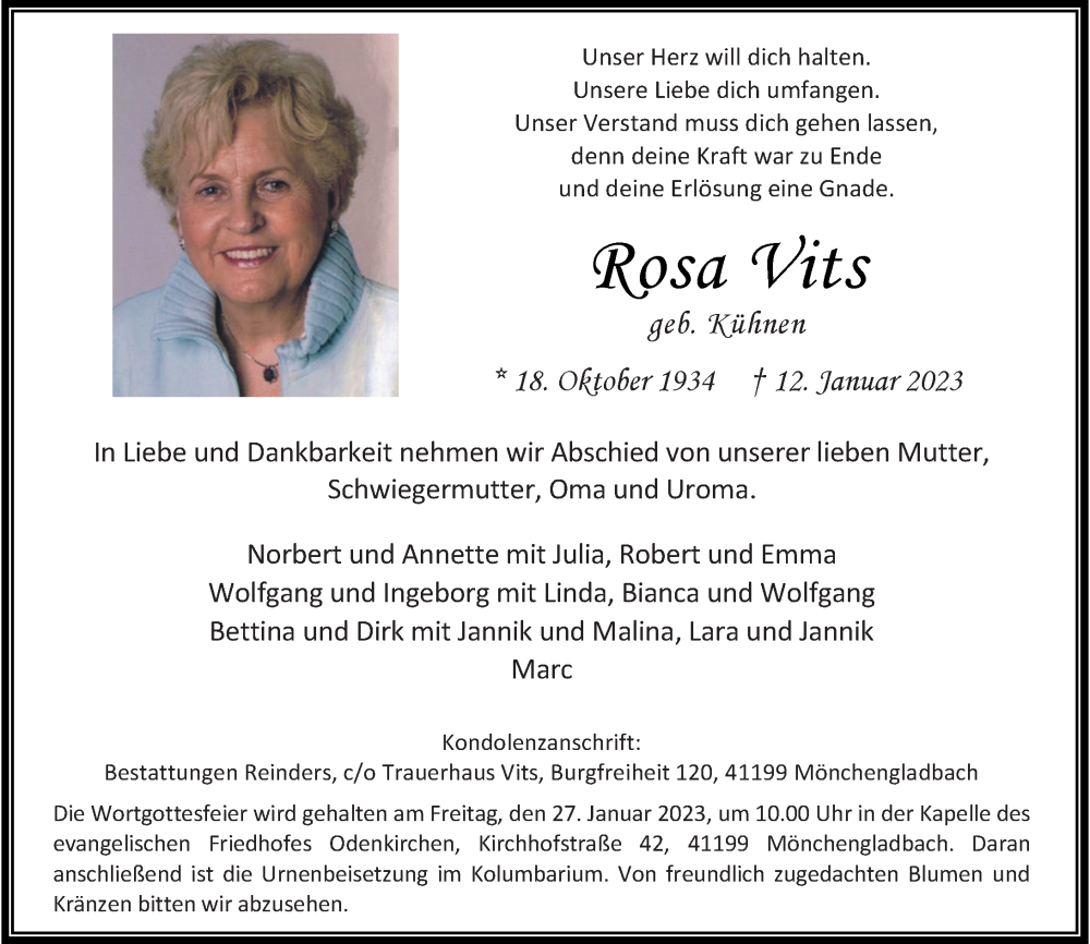  Traueranzeige für Rosa Vits vom 21.01.2023 aus Rheinische Post