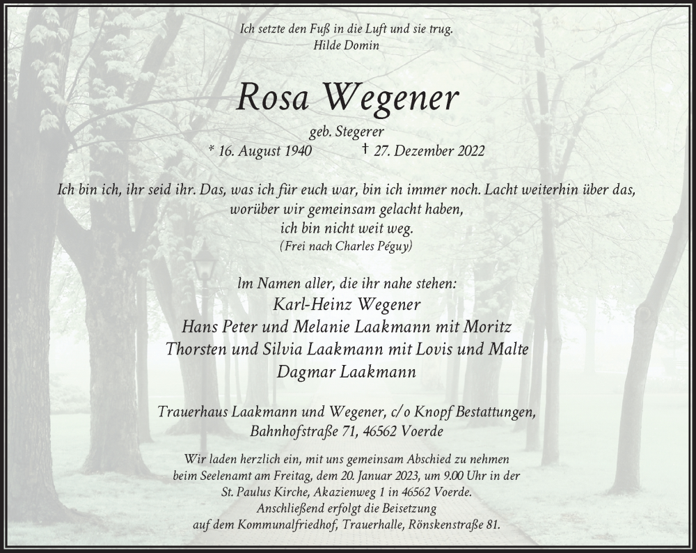  Traueranzeige für Rosa Wegener vom 14.01.2023 aus Rheinische Post