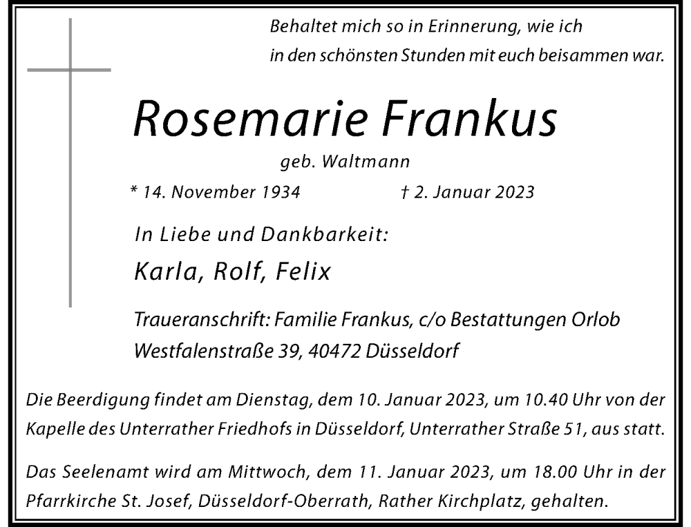  Traueranzeige für Rosemarie Frankus vom 07.01.2023 aus Rheinische Post