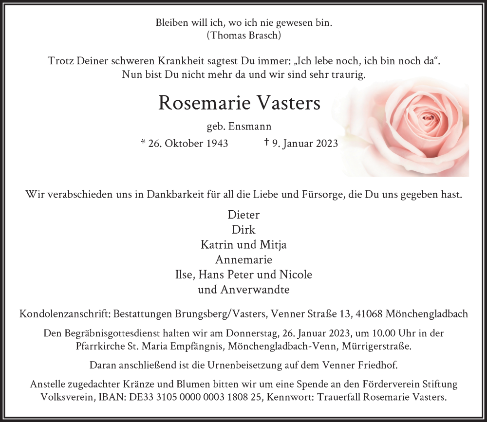  Traueranzeige für Rosemarie Vasters vom 21.01.2023 aus Rheinische Post