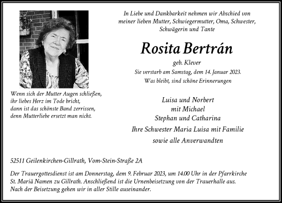 Traueranzeige von Rosita Bertran von Rheinische Post