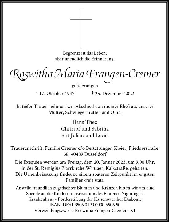 Traueranzeige von Roswitha Maria Frangen-Cremer von Rheinische Post