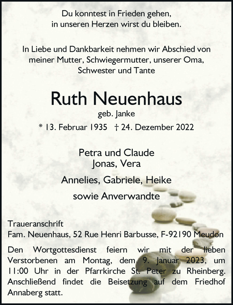 Traueranzeige für Ruth Neuenhaus vom 05.01.2023 aus Rheinische Post
