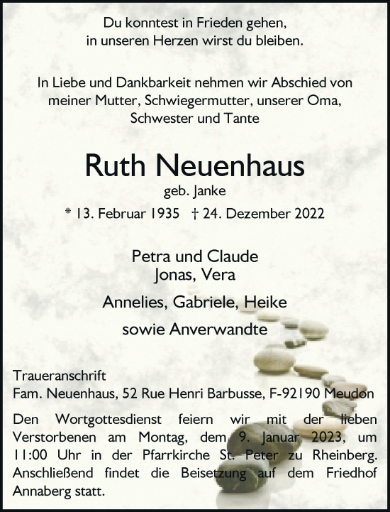 Traueranzeige von Ruth Neuenhaus von Rheinische Post