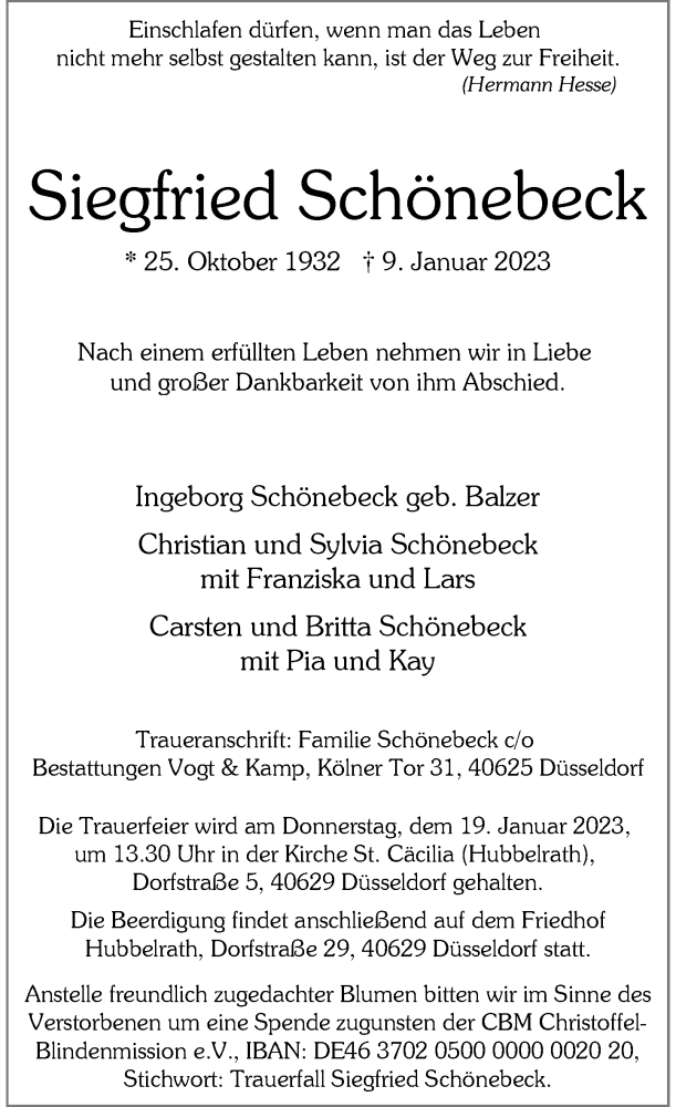  Traueranzeige für Siegfried Schönebeck vom 14.01.2023 aus Rheinische Post