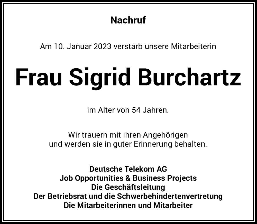  Traueranzeige für Sigrid Burchartz vom 24.01.2023 aus Rheinische Post