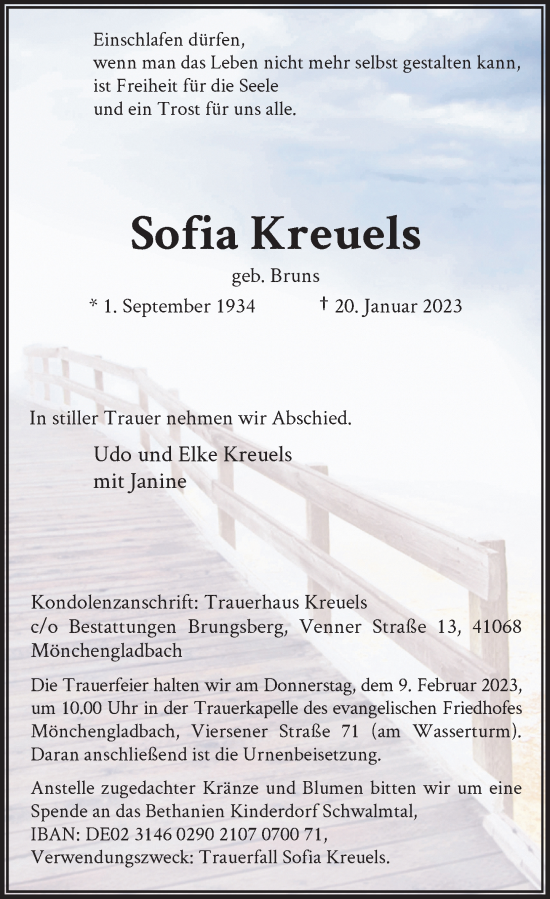 Traueranzeige von Sofia Kreuels von Rheinische Post