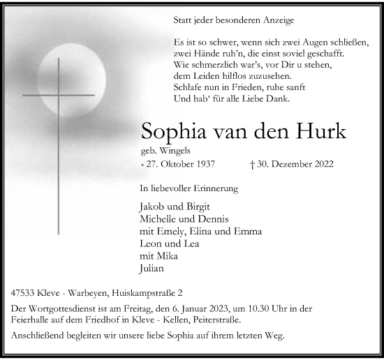 Traueranzeige von Sophia van den Hurk von Rheinische Post