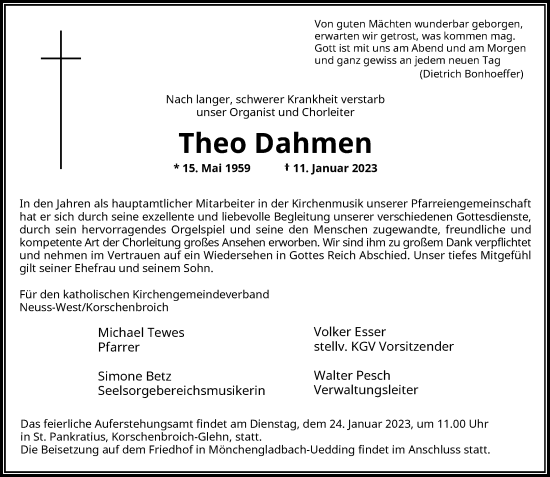 Traueranzeige von Theo Dahmen von Rheinische Post