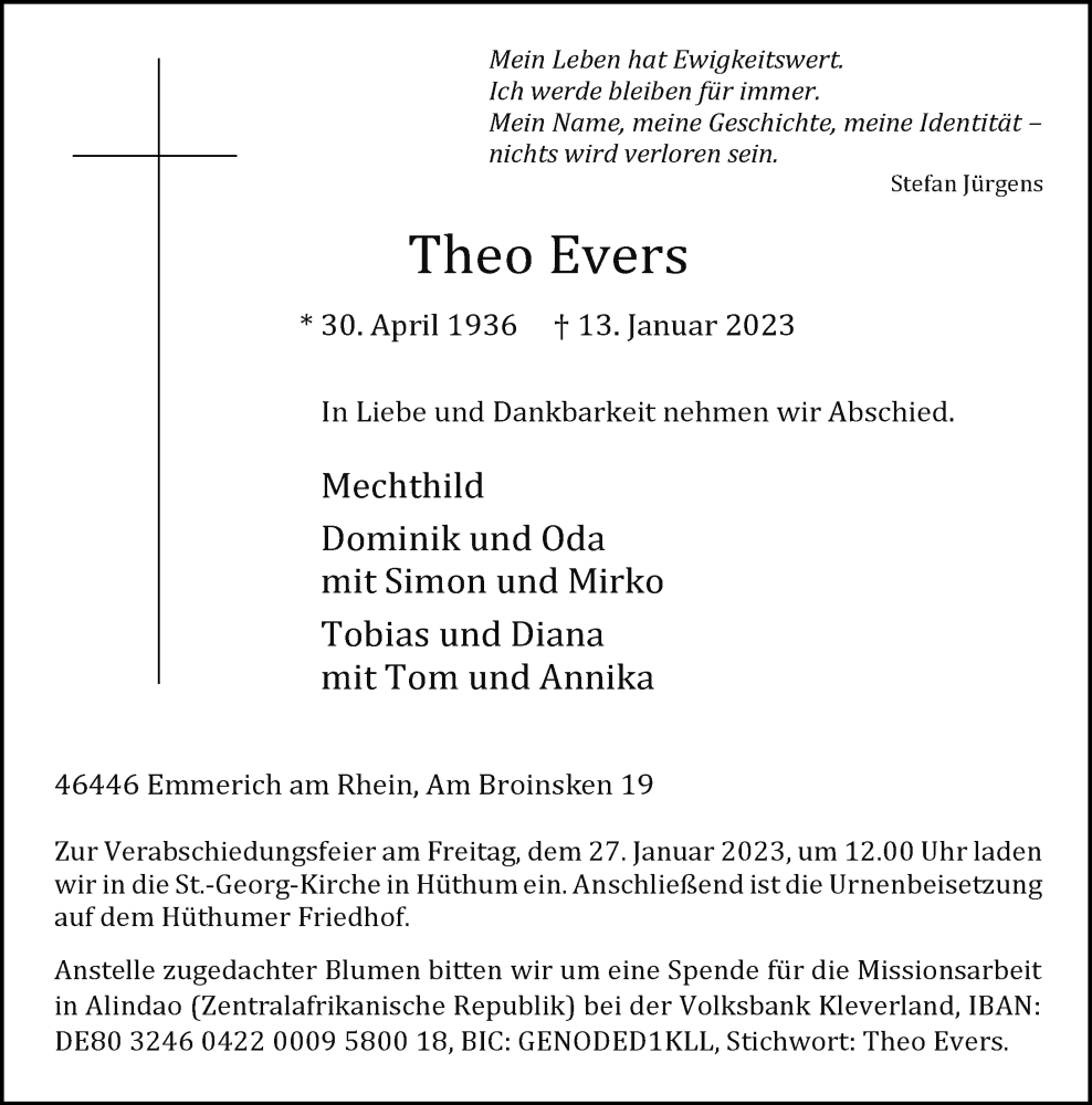  Traueranzeige für Theo Evers vom 21.01.2023 aus Rheinische Post