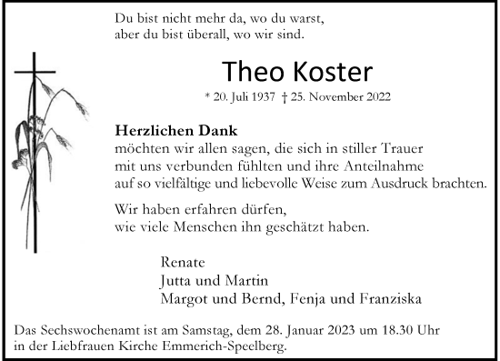 Traueranzeige von Theo Koster von Rheinische Post