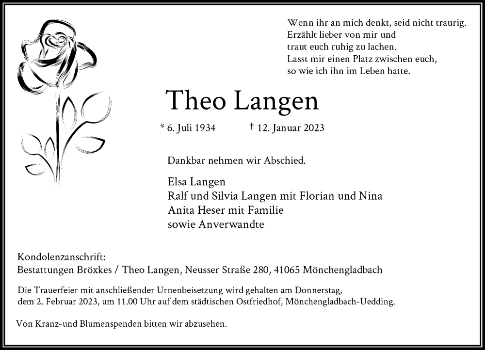  Traueranzeige für Theo Langen vom 21.01.2023 aus Rheinische Post