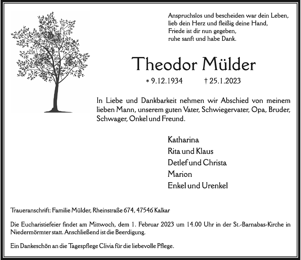  Traueranzeige für Theodor Mülder vom 28.01.2023 aus Rheinische Post