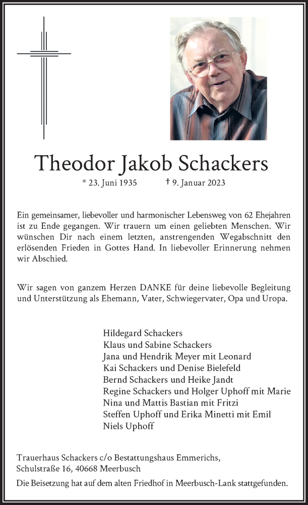  Traueranzeige für Theodor Jakob Schackers vom 28.01.2023 aus Rheinische Post