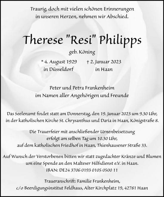 Traueranzeige von Therese  Philipps von Rheinische Post