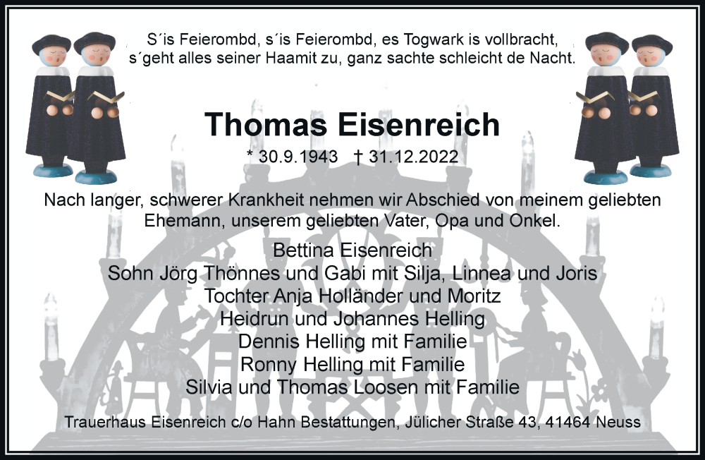  Traueranzeige für Thomas Eisenreich vom 14.01.2023 aus Rheinische Post