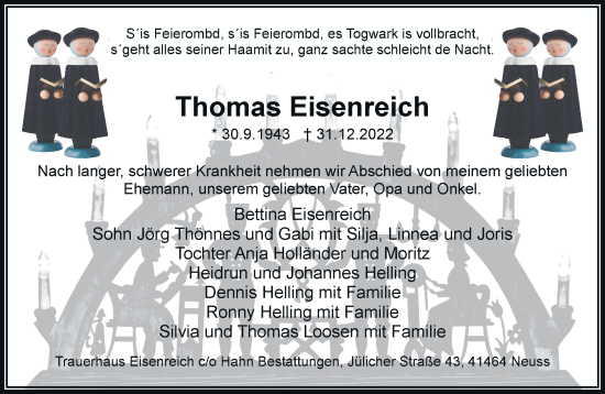 Traueranzeige von Thomas Eisenreich von Rheinische Post
