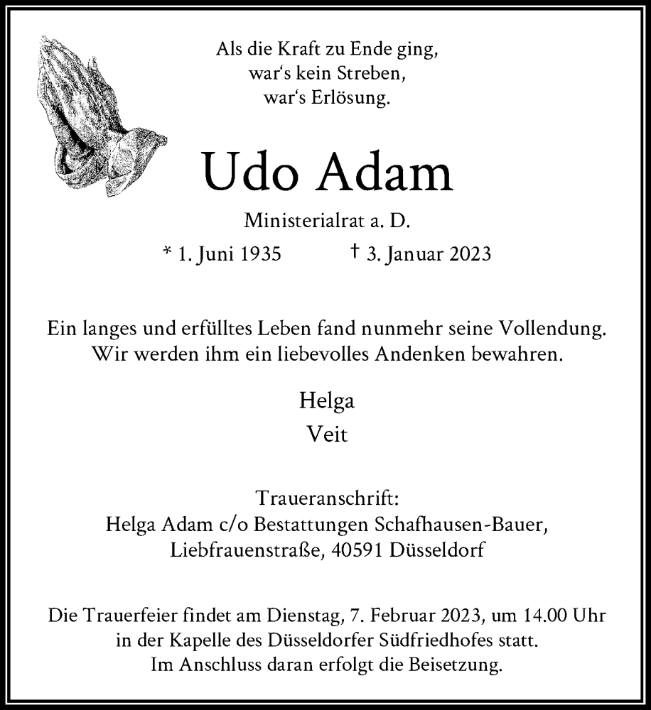  Traueranzeige für Udo Adam vom 28.01.2023 aus Rheinische Post