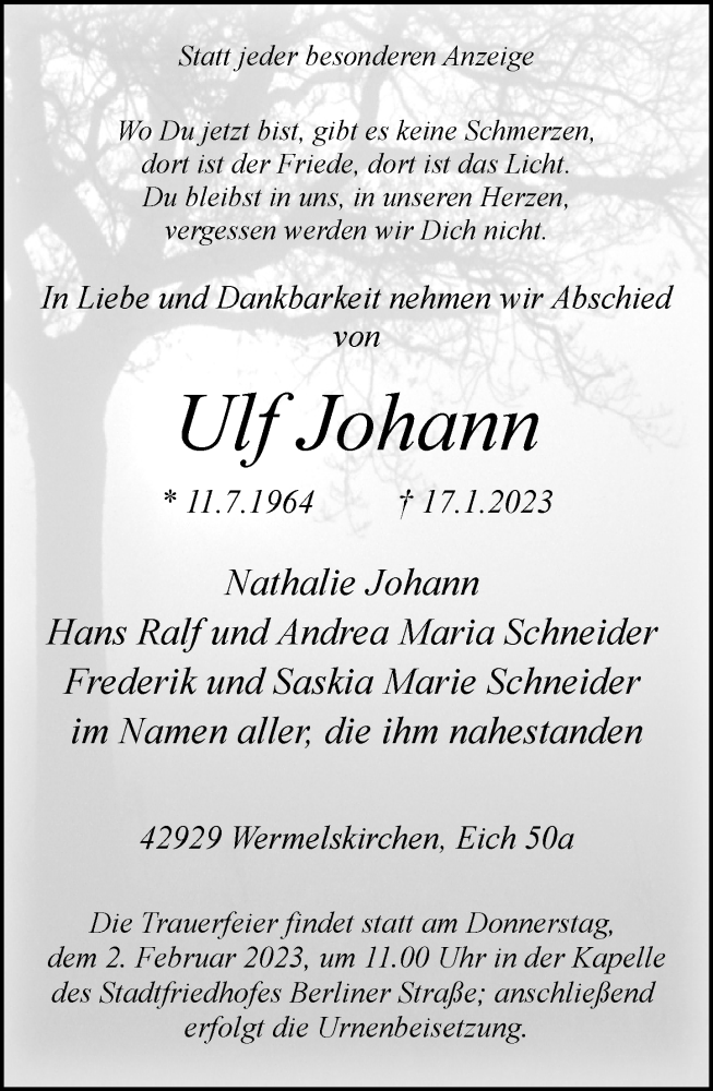  Traueranzeige für Ulf Johann vom 28.01.2023 aus Rheinische Post