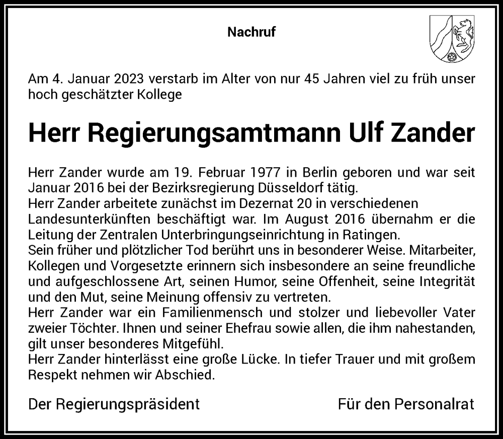  Traueranzeige für Ulf Zander vom 28.01.2023 aus Rheinische Post