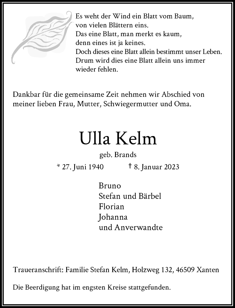  Traueranzeige für Ulla Kelm vom 21.01.2023 aus Rheinische Post