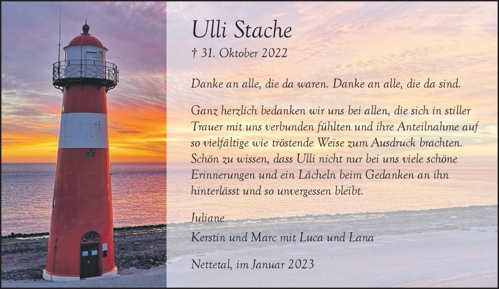  Traueranzeige für Ulli Stache vom 21.01.2023 aus Rheinische Post