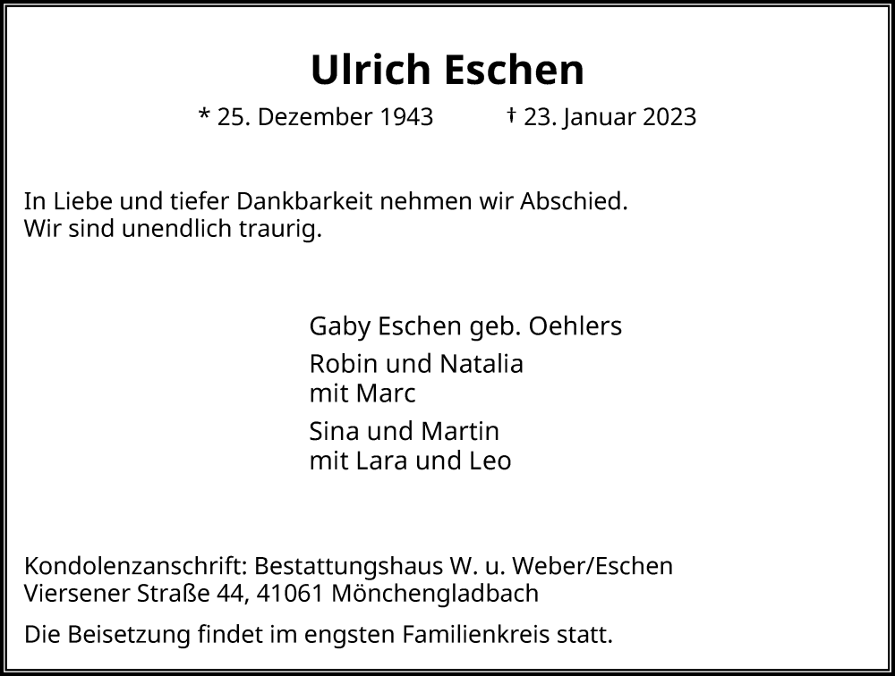  Traueranzeige für Ulrich Eschen vom 28.01.2023 aus Rheinische Post