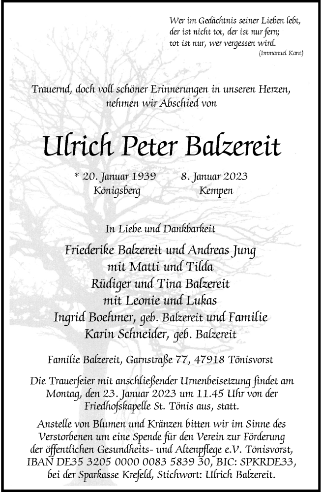  Traueranzeige für Ulrich Peter Balzereit vom 14.01.2023 aus Rheinische Post