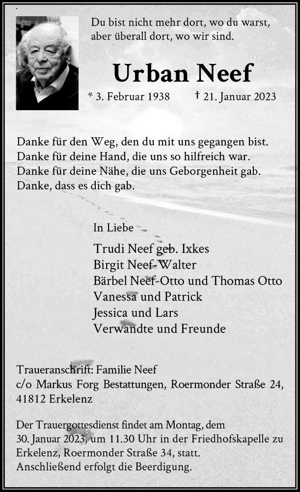  Traueranzeige für Urban Neef vom 25.01.2023 aus Rheinische Post