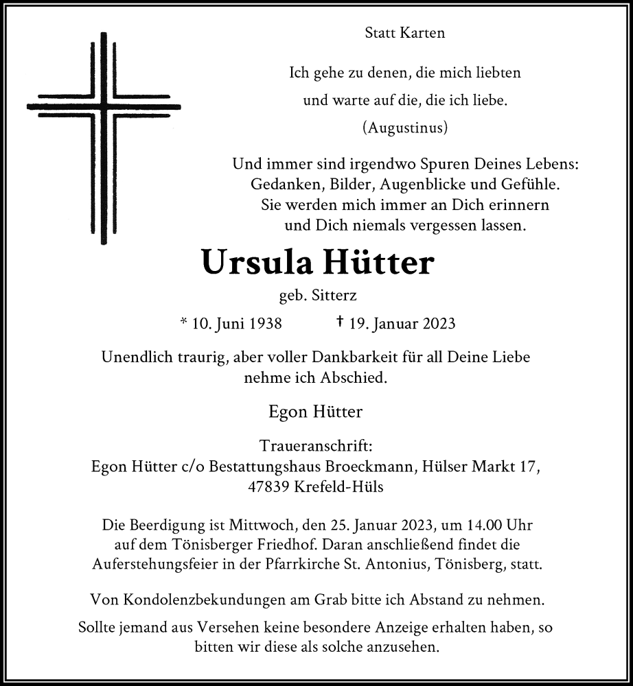  Traueranzeige für Ursula Hütter vom 21.01.2023 aus Rheinische Post