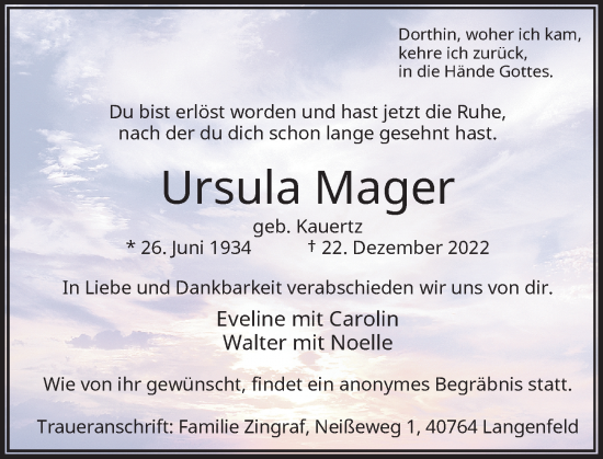 Traueranzeige von Ursula Mager von Rheinische Post