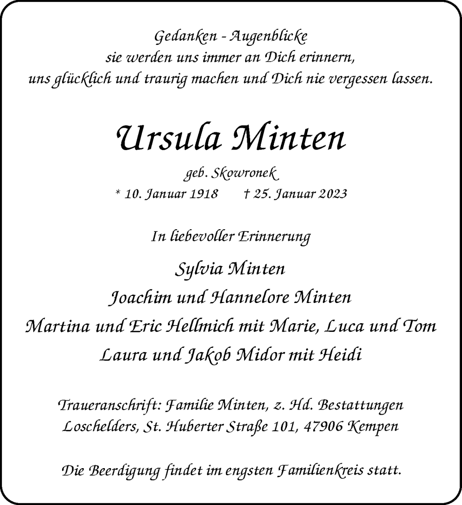  Traueranzeige für Ursula Minten vom 28.01.2023 aus Rheinische Post