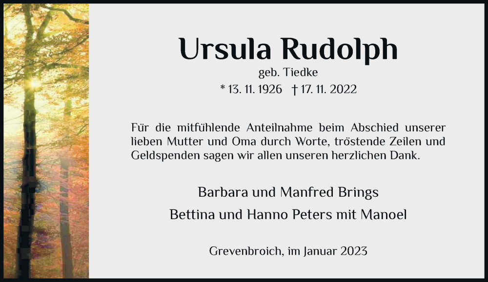  Traueranzeige für Ursula Rudolph vom 14.01.2023 aus Rheinische Post