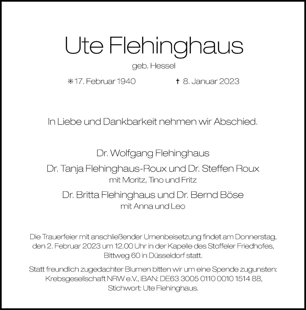  Traueranzeige für Ute Flehinghaus vom 21.01.2023 aus Rheinische Post