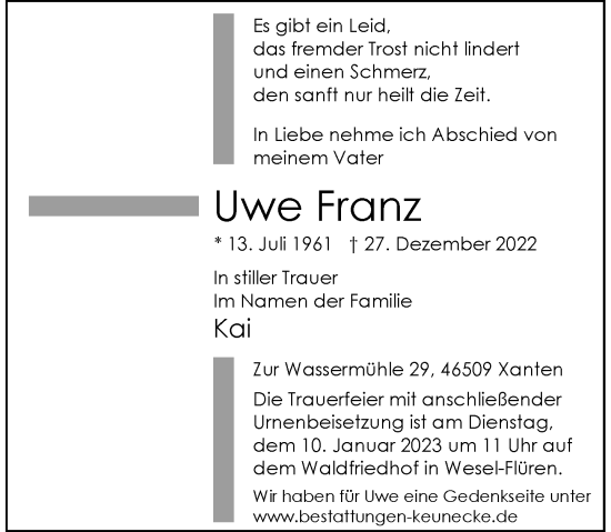 Traueranzeige von Uwe Franz von Rheinische Post