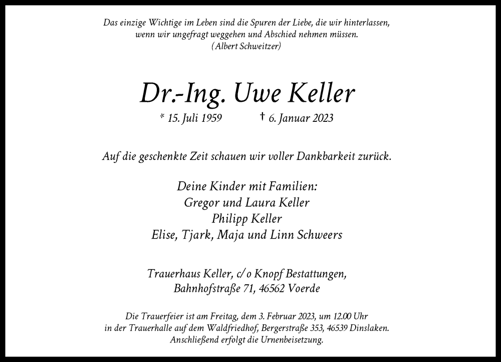  Traueranzeige für Uwe Keller vom 28.01.2023 aus Rheinische Post