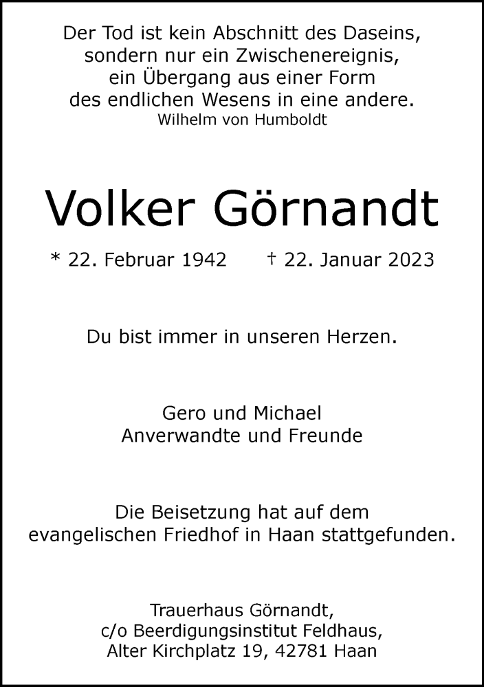  Traueranzeige für Volker Görnandt vom 28.01.2023 aus Rheinische Post
